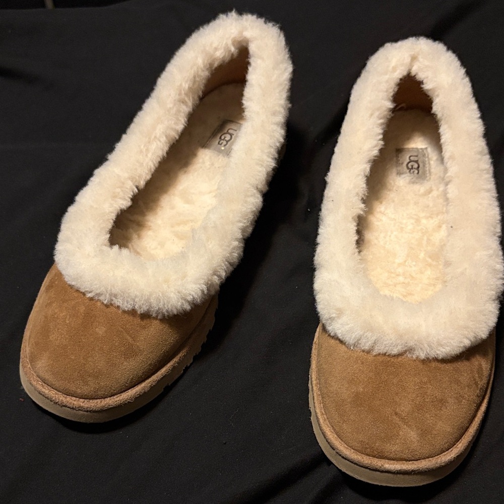 UGG Women's Brown Slippers with White Fur Trim